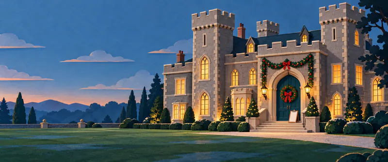 A grey crenellated castle glows across a damp green lawn at blue dusk. Garlands frame the great teal door, with a blank clipboard on the steps and quiet sky to the left.
