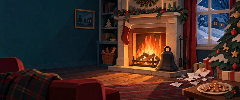 A heavy dark paper bell stands beside a glowing fireplace. Torn letter scraps lie by an unlit Christmas tree, with biscuits on a table and snow outside.