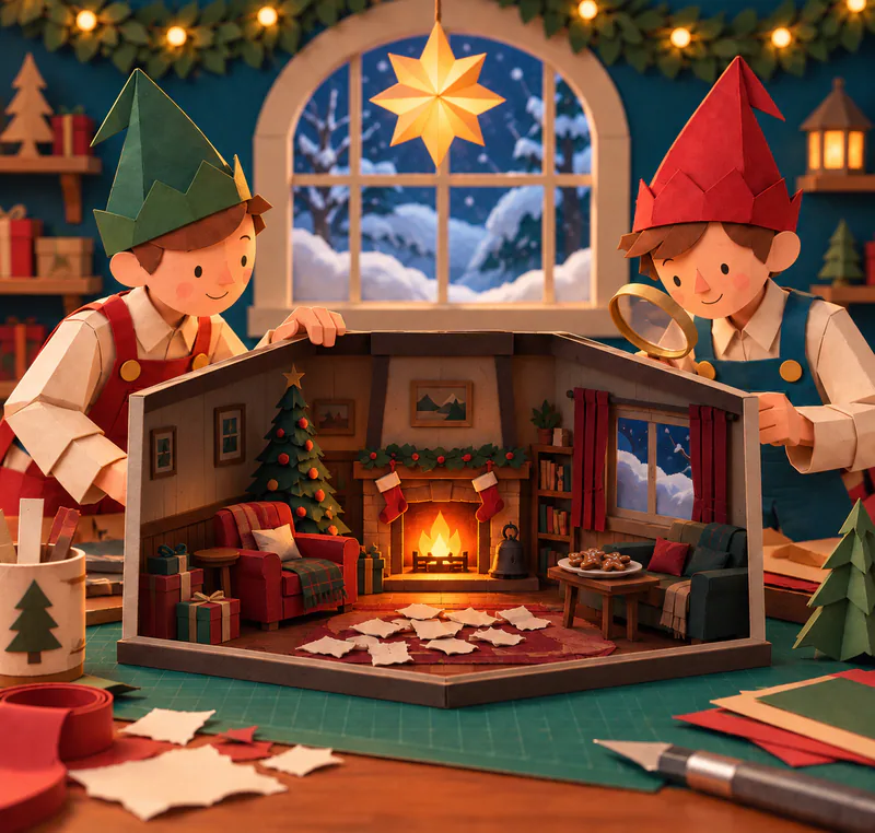Two paper elves inspect a miniature firelit sitting room with torn paper by the tree, a dark bell on the hearth and gingerbread biscuits beside a snowy window.