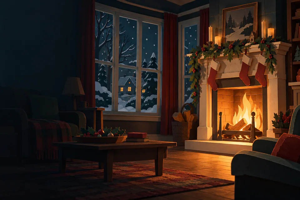 A paper sitting room glows with firelight beneath stockings and festive greenery, while snow falls beyond tall windows and the sofa lies in shadow.