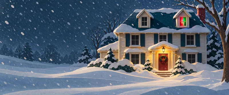 A cream paper house stands amid deep snowdrifts and falling snow. A wreath hangs on its red door, while one roof window glows red and green.