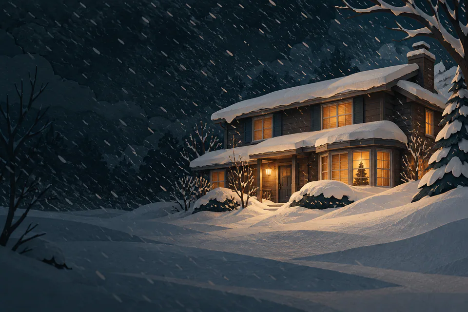 A dark paper suburban house is surrounded by deep windblown snowdrifts, with amber windows and a Christmas tree visible through a bay window.