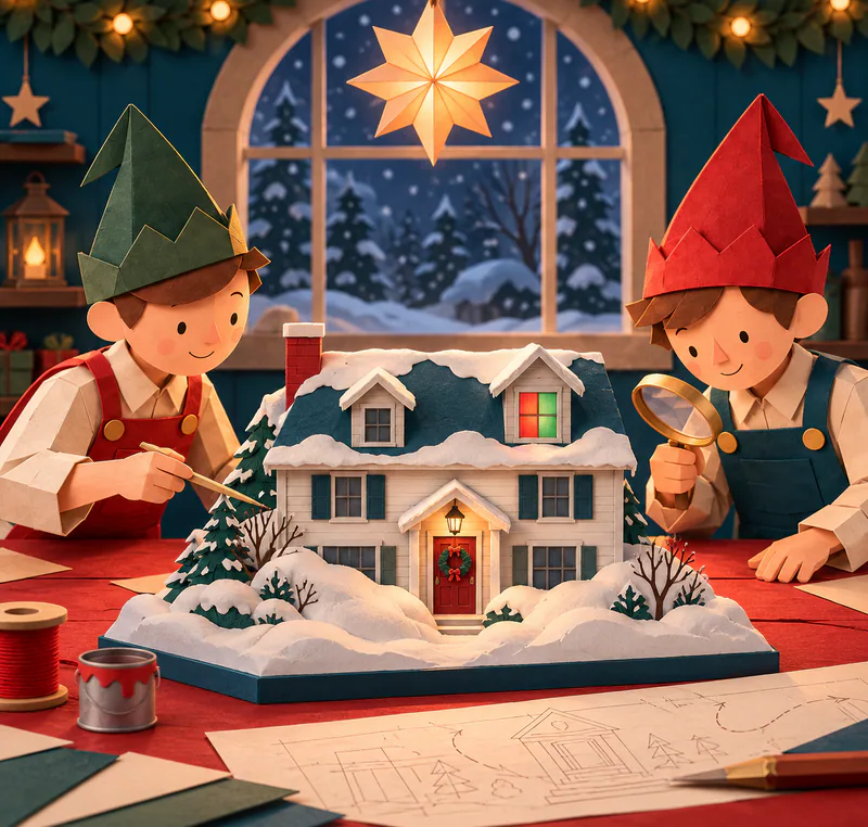 Two paper elves inspect a snowbound model house with a brush and magnifying glass. A red and green dormer glows above its wreath-covered red door.
