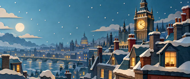 Snow-covered paper rooftops overlook a river and bridge beneath a moonlit blue sky, with an amber clock tower and candlelit attic window on the right.