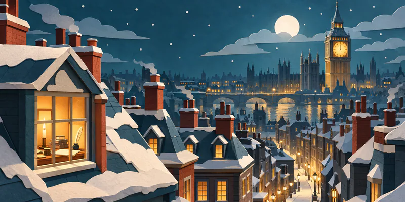 Layered paper rooftops frame a snowy lamplit street and river, with a candlelit study window in the foreground and a glowing clock tower beyond.