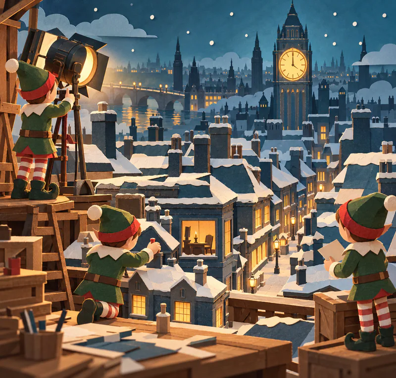 Three paper elves adjust a spotlight and inspect a miniature snowy city, with layered rooftops, amber windows, a clock tower and a river behind.