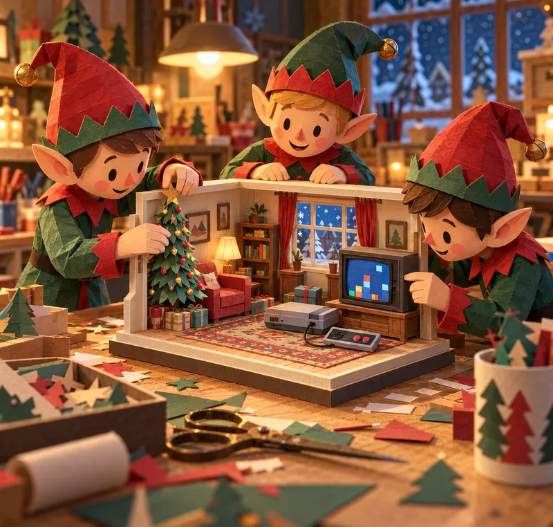 Three paper elves assemble a miniature Christmas sitting room on a craft bench, with a tiny tree, grey games console, wired controller and boxy television.