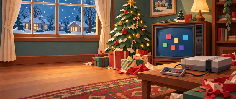 A grey paper games console and wired controller sit on a wooden table beside a Christmas tree and old television, with snowy houses outside the window.