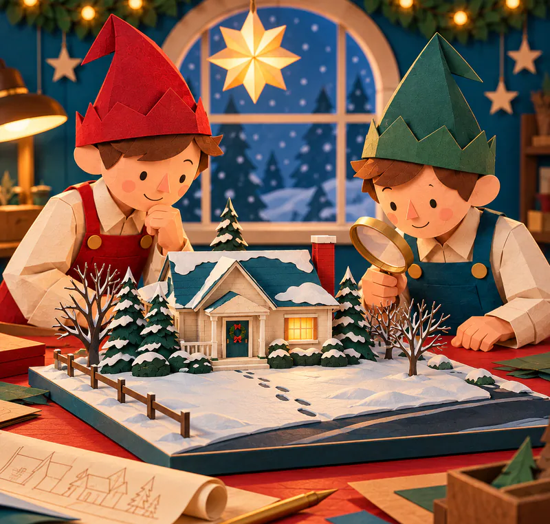 Two paper elves inspect a snowy farmhouse miniature with one warm window and a wreath on the door. Footprints lead across its yard from a dark road.
