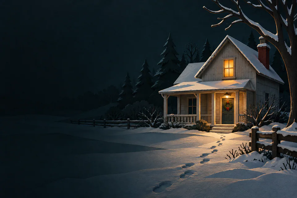 A single trail of footprints crosses the snow towards a lonely paper farmhouse with a wreath and one glowing upstairs window.