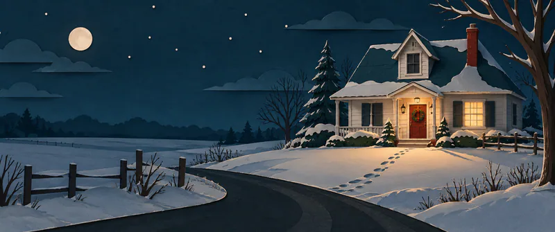 A lone paper farmhouse stands beyond a dark country road under a winter moon. Footprints lead across snow to its wreath-covered door beside one warm window.
